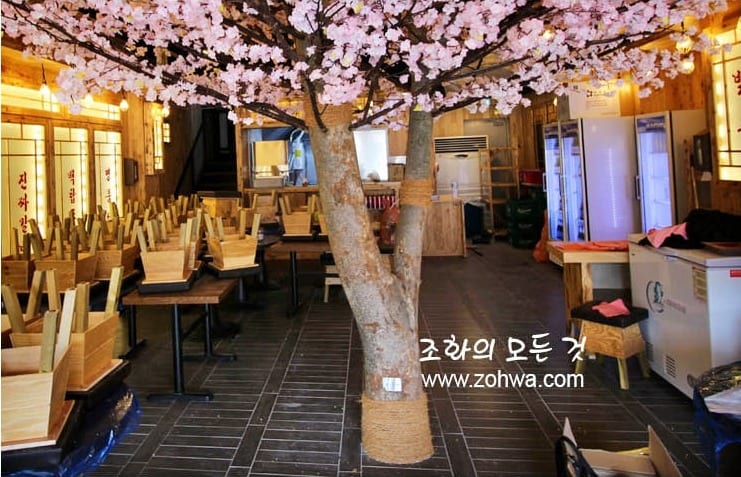 부산 만만코코로 해운대점 — 빛이 얹힌 벚꽃나무 기둥