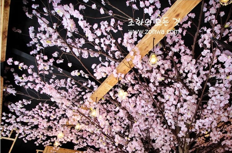 부산 만만코코로 해운대점 — 밤에 본 벚꽃 캐노피