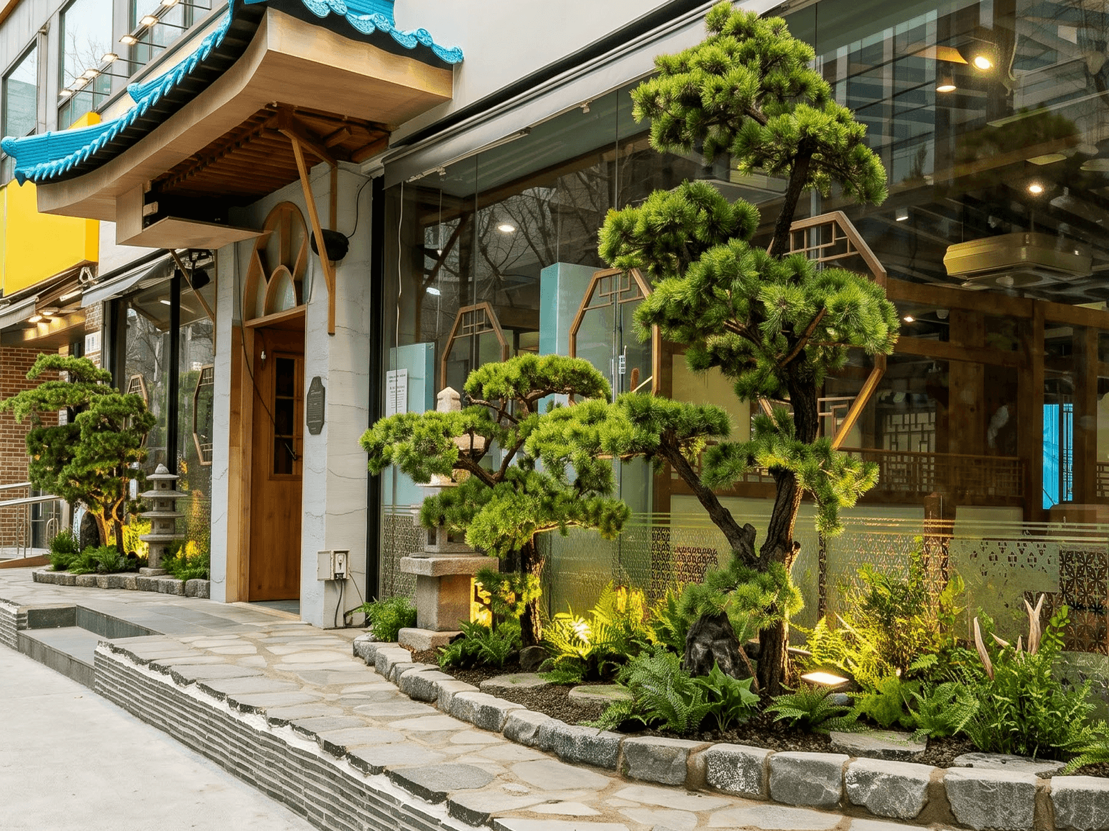 서울 청와옥 송파본점 — 단차를 살려 앉힌 소나무 화단