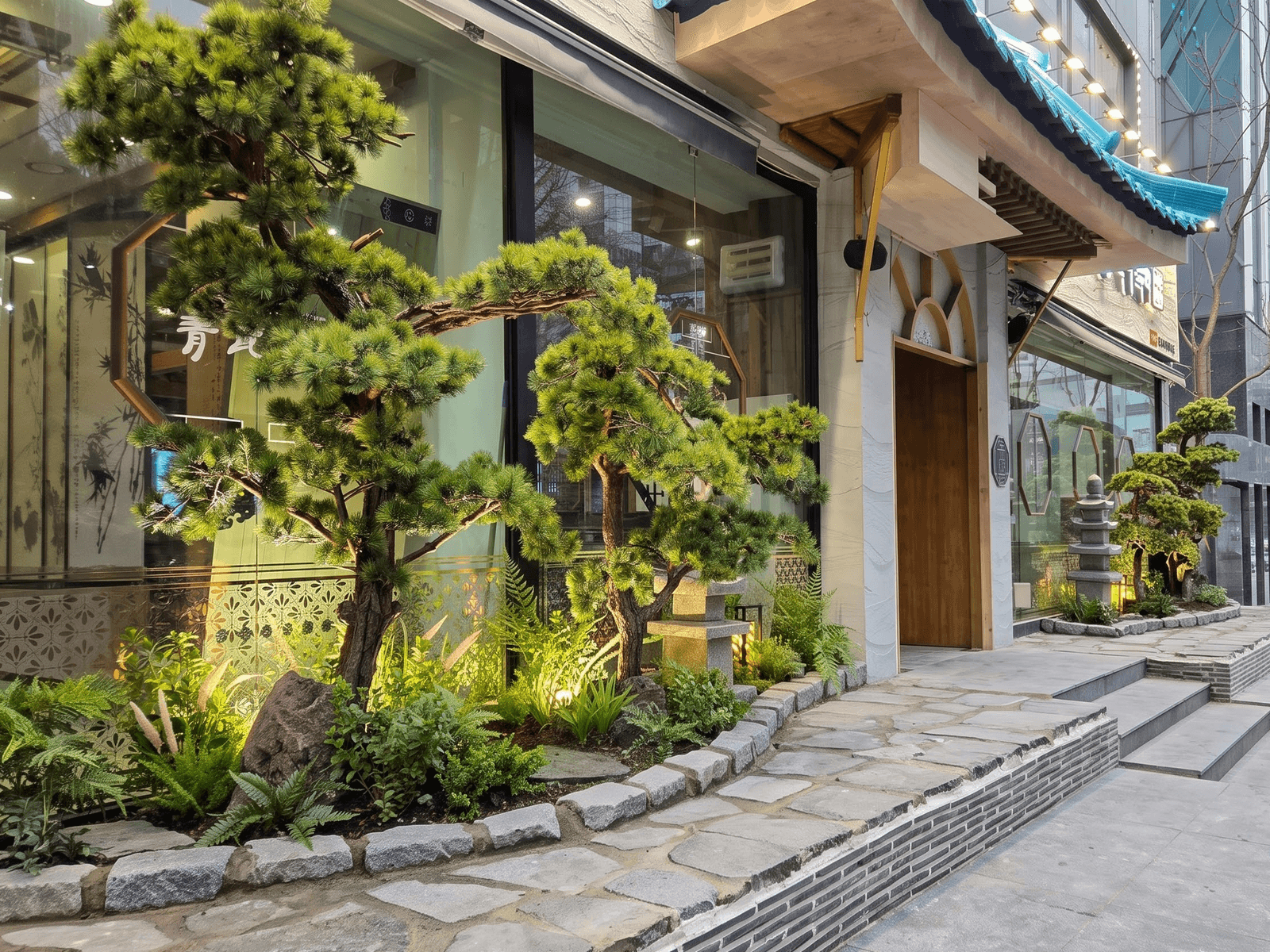 서울 청와옥 송파본점 — 낮에 본 소나무와 자연석 화단