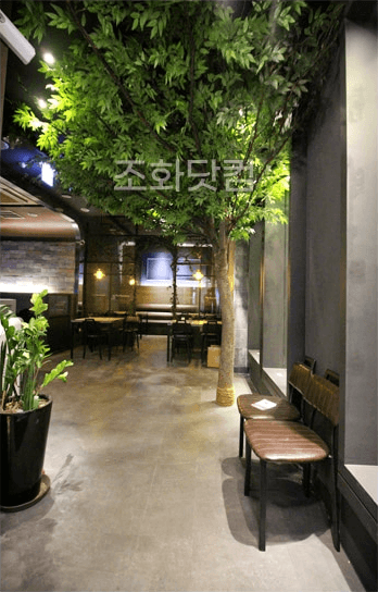 서울 더냄비 강남역점 — 통로 옆 기둥을 감싼 느티나무