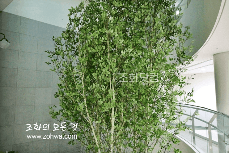 서울 경복초등학교 — 층고 높은 홀에 솟은 인조 자작나무 군락 측면