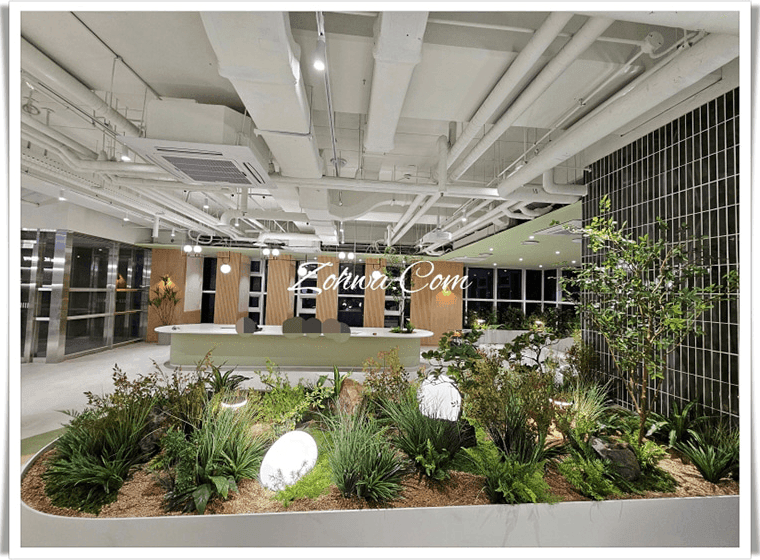 서울 창동 청년취업사관학교 — 배관이 드러난 노출 천장 아래 넓은 공간에 내추럴나무와 식물을 배치한 전경