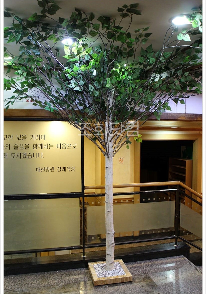 서울 인수동 대한병원 — 로비 계단 옆에 시공한 인조 자작나무, 천장 가까이 뻗은 흰 줄기와 초록 잎