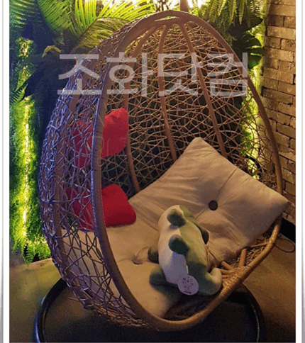 화성 마새이 라탄 행잉 체어를 둔 그린 포토존