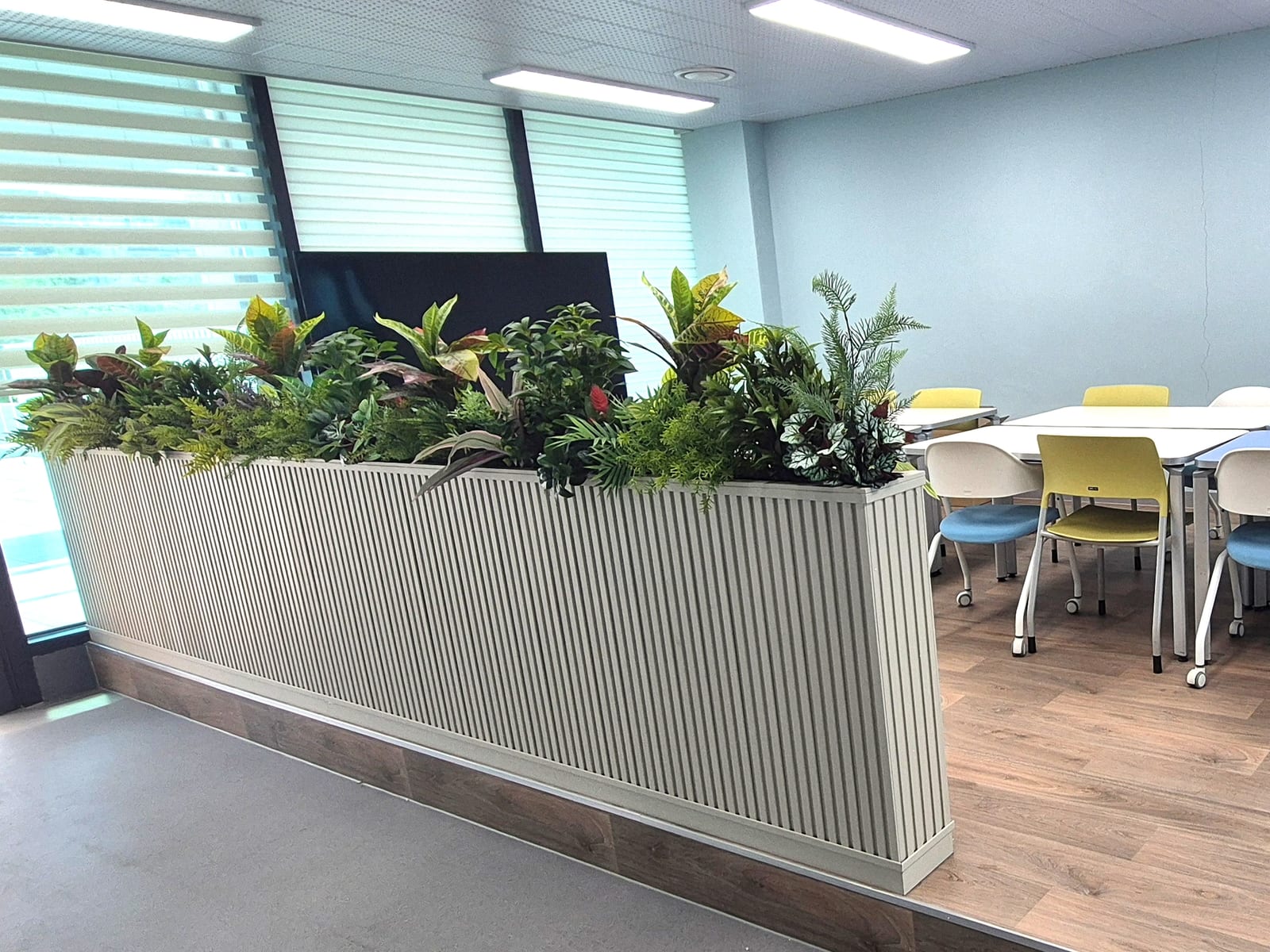 원주 학성중학교 회의실 — 칸막이 위 플랜트박스에 잎의 질감과 색이 다양한 인조 식물이 채워진 디테일