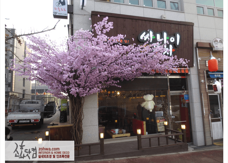 파주 싸나이포차 — 간판 위로 벚꽃이 드리운 매장 얼굴