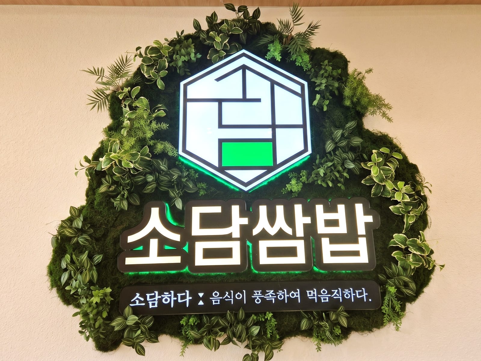 보령 소담쌈밥 — 벽 일부에 로고를 중심으로 만든 소면적 벽면녹화