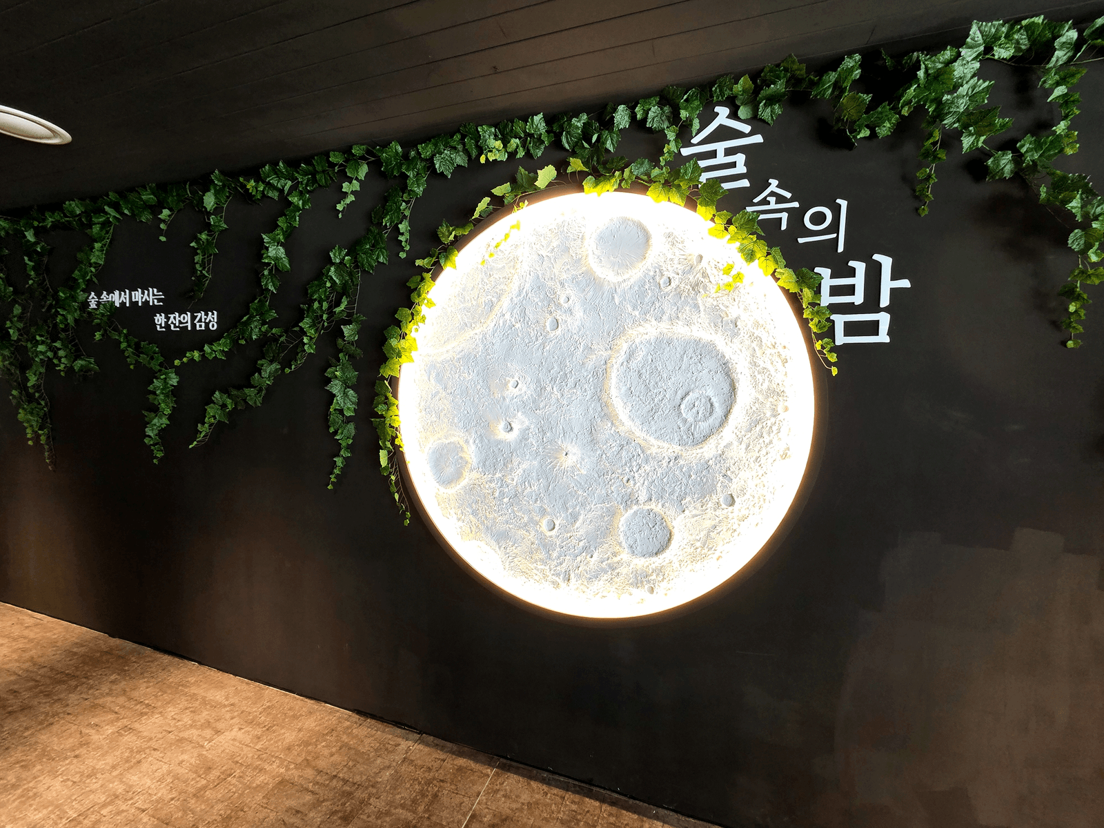 시흥 술밤 배곧점 — 보름달 조명과 넝쿨의 포토존 벽