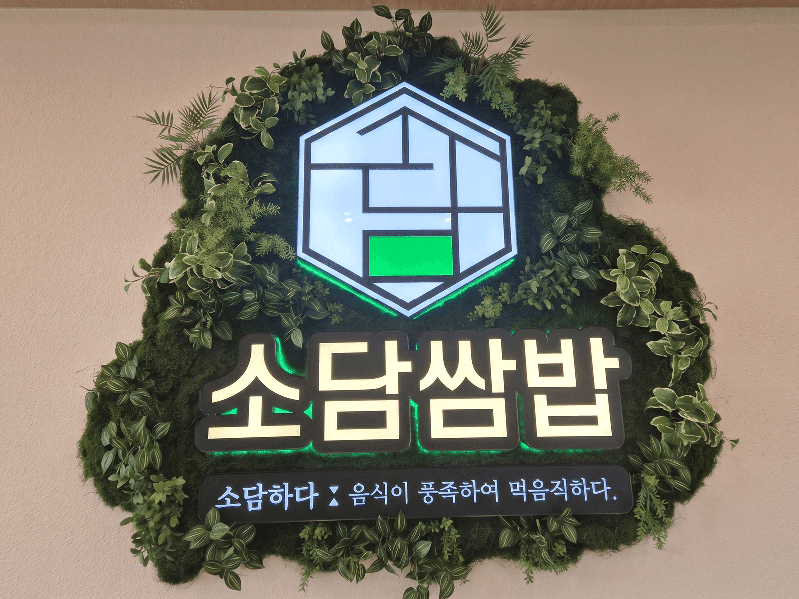 보령시 소담쌈밥 — 실내 벽에 매장 로고를 인조 식물과 이끼로 감싸고 조명을 더한 브랜드 사인 벽