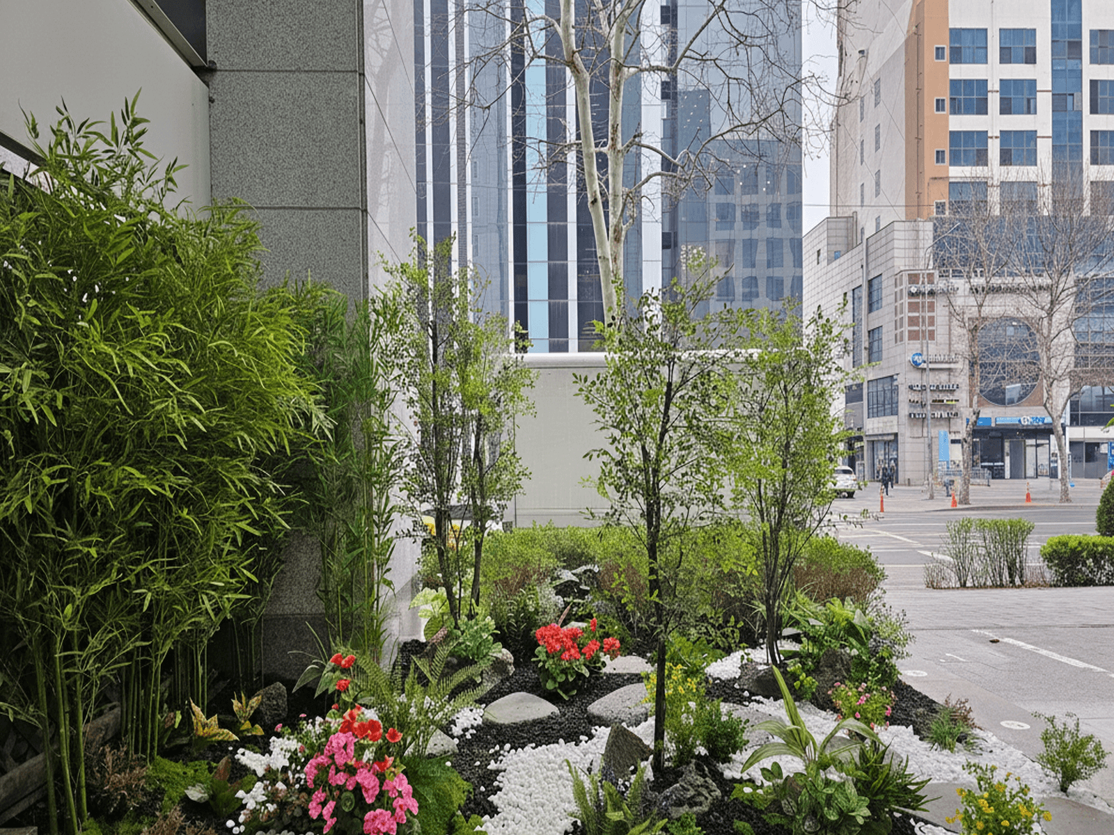 서울 강남 상가 — 고층 빌딩숲을 배경으로 대나무와 꽃이 자리한 작은 도심 정원