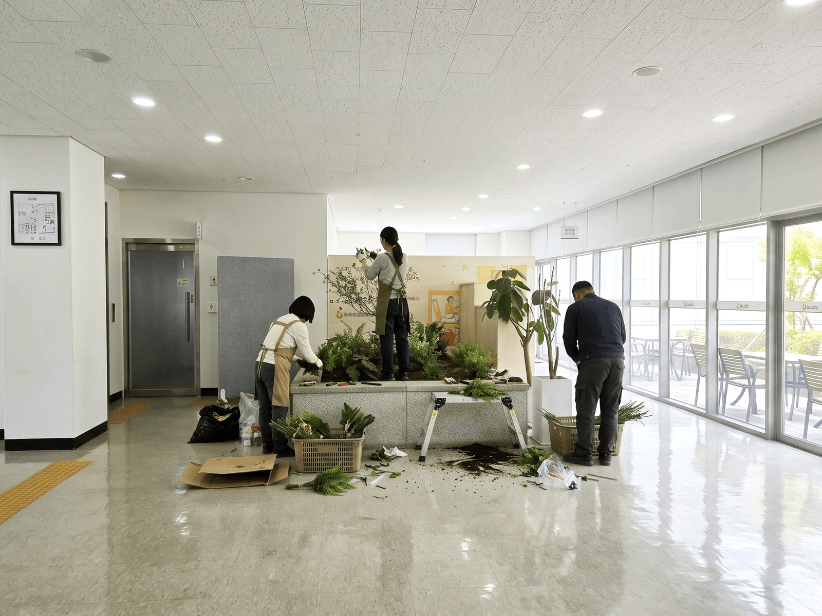 시공 당일 철거와 식재가 진행되던 서울영등포우체국 로비