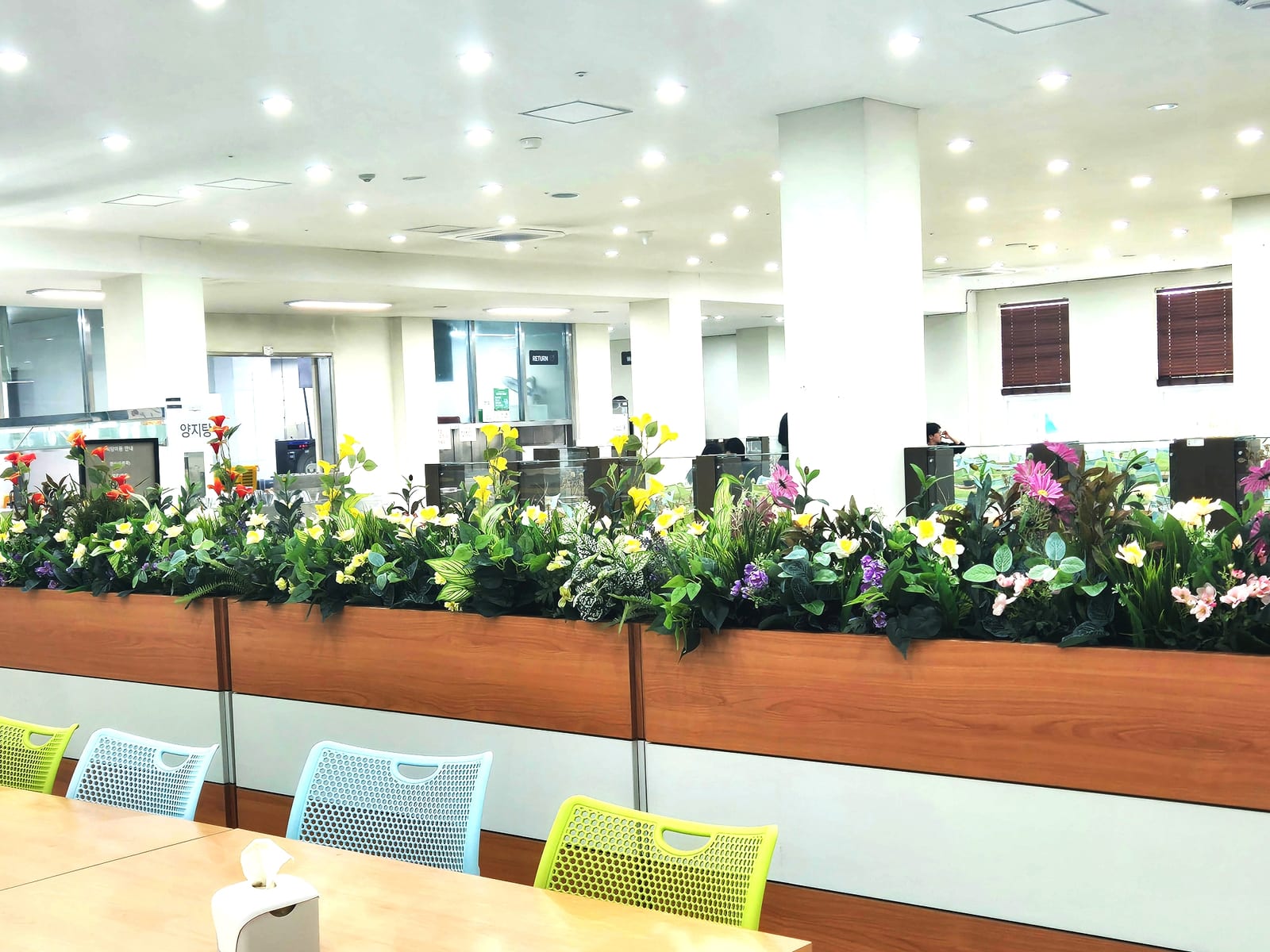 천안 연암대학교 — 회의용 의자 옆 긴 플랜트박스를 컬러풀한 인조 꽃으로 채워 공간을 나눈 모습